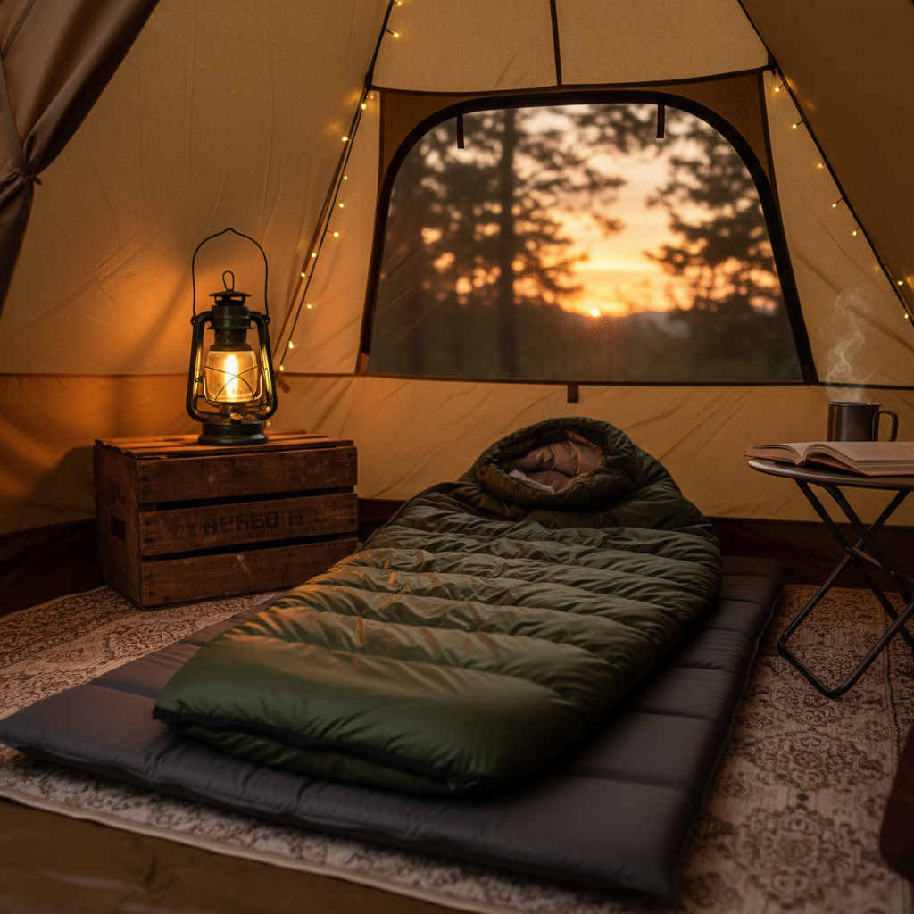 해 질 녘 텐트 내부의 아늑한 분위기에서 빈티지 LED 랜턴 옆에 펼쳐진 고품질 머미형 침낭과 전용 매트가 배치된 감성적인 캠핑 장면